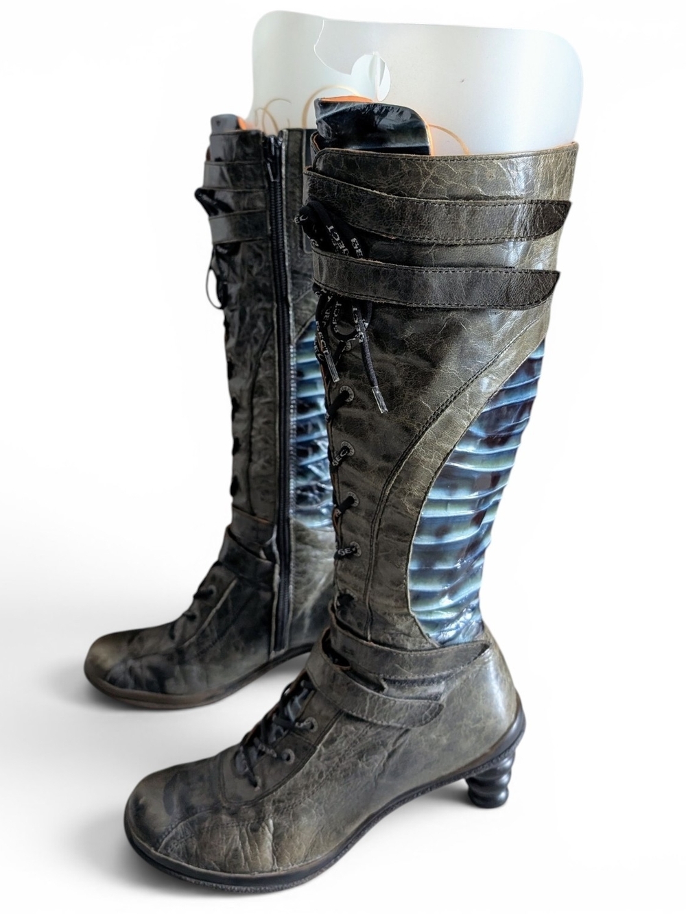 Eject Women’s Tall Lace-Up Leather Boots in Olive Green with Blue Accent, Size 7